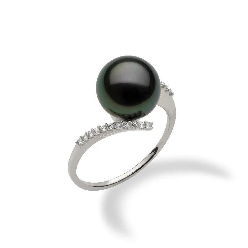 Women’s princess-cut engagement rings-Tahitian Black Pearl Ring in White Gold with Diamonds - 10-11mm