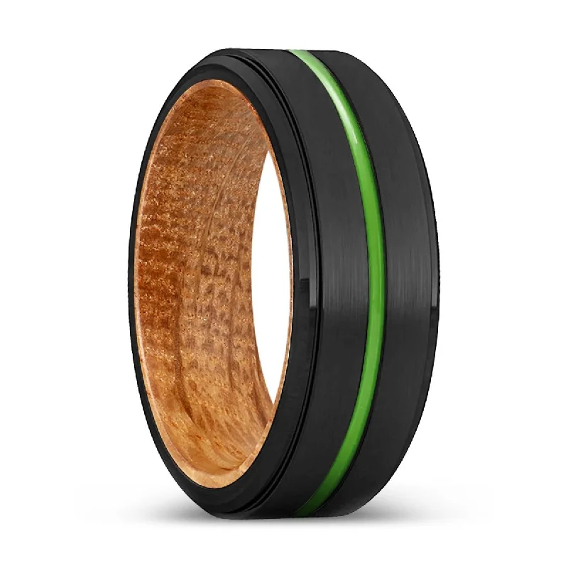 Women’s classic wedding ring-MIDLAND | Whiskey Barrel Wood, Black Tungsten Ring, Green Groove, Stepped Edge