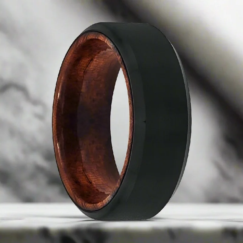 Women’s statement ring-MASERATI | Rose Wood, Black Tungsten Ring, Brushed, Beveled