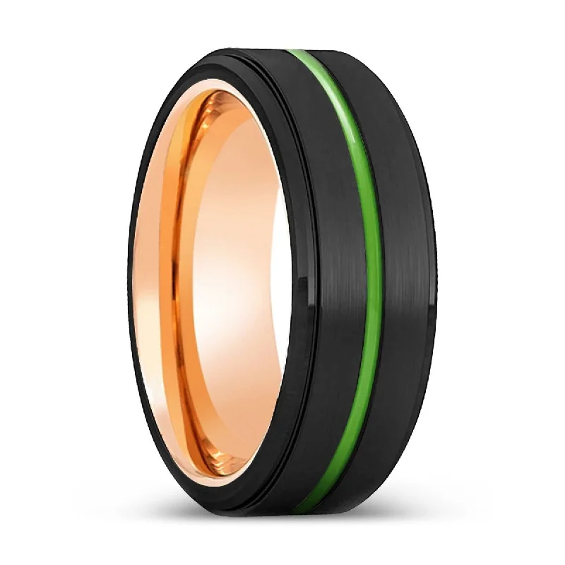 Women’s cushion cut engagement ring-MCALLEN | Rose Gold Ring, Black Tungsten Ring, Green Groove, Stepped Edge