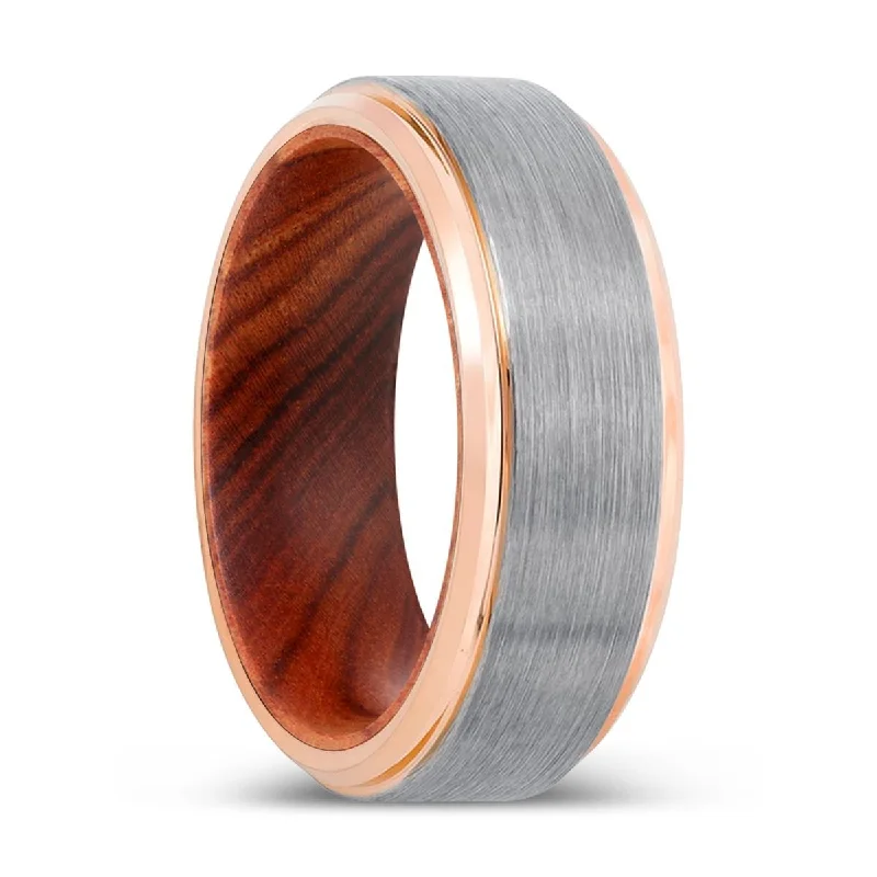 Women’s wedding band for women-MANTIS | IRON Wood, Silver Tungsten Ring, Brushed, Rose Gold Stepped Edge