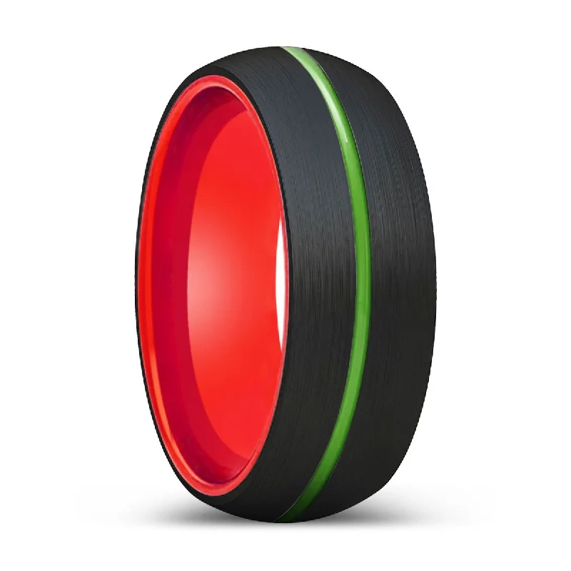 Women’s wedding band for her-COLT | Red Ring, Black Tungsten Ring, Green Groove, Domed