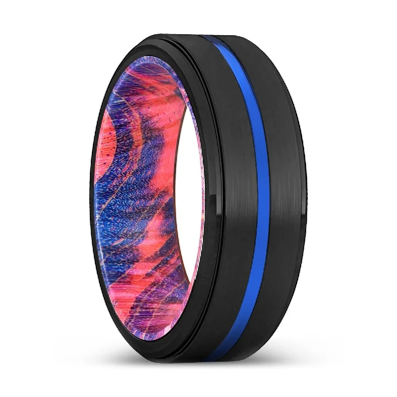 Women’s personalized wedding ring-OBLIVION | Blue & Red Wood, Black Tungsten Ring, Blue Groove, Stepped Edge