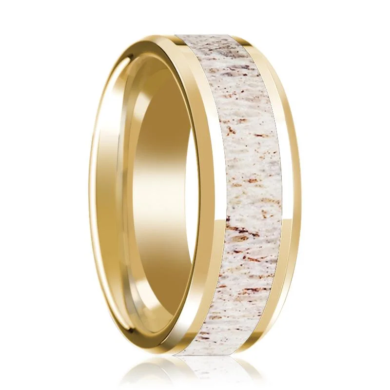 Women’s modern engagement ring-14k Yellow Gold Polished Wedding Band with White Deer Antler Inlay & Beveled Edges - 8MM