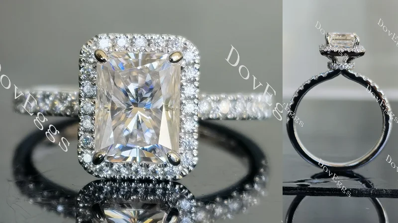 Women’s promise rings and engagement rings-Doveggs radiant half eternity pave halo moissanite engagement ring