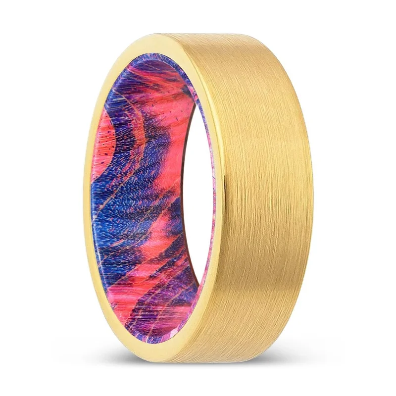 Women’s sapphire ring-MILLSTONE | Blue & Red Wood, Gold Tungsten Ring, Brushed, Flat