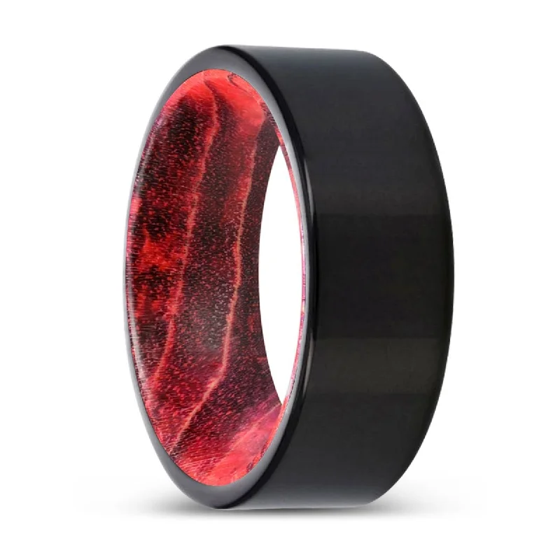 Women’s large diamond ring-NEARON | Black & Red Wood, Black Tungsten Ring, Shiny, Flat