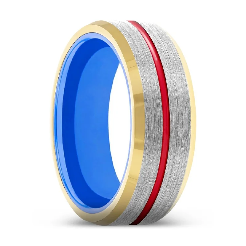 Women’s engagement ring with white diamonds-SABER | Blue Ring, Silver Tungsten Ring, Red Groove, Gold Beveled Edge