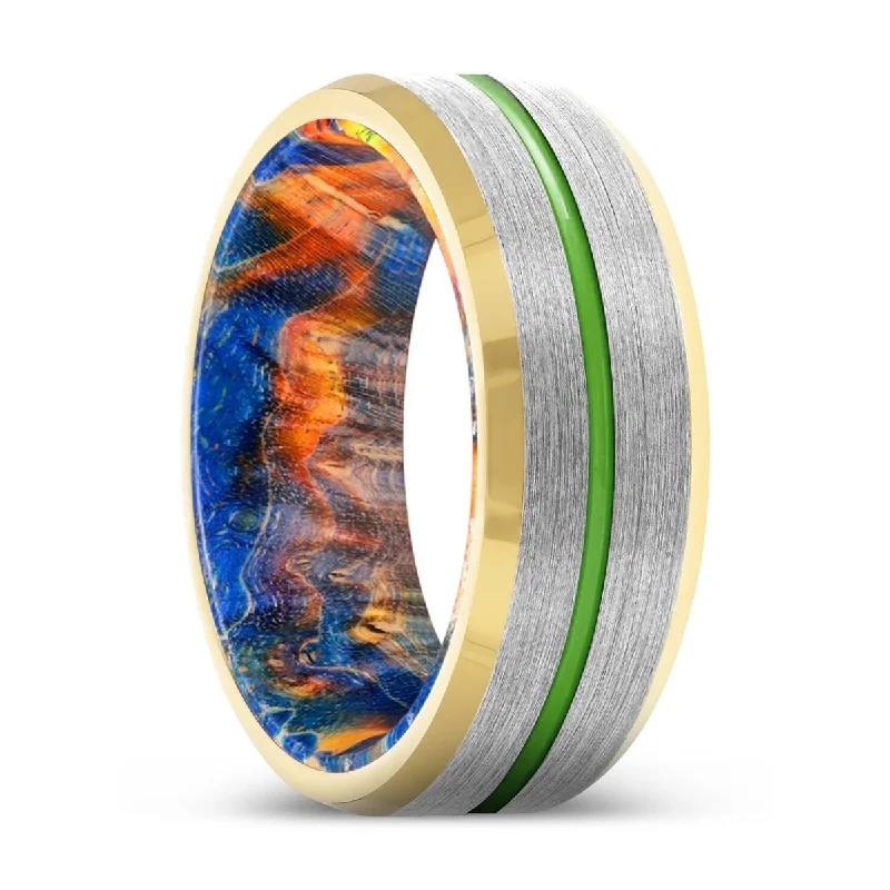 Women’s engagement ring with white diamonds-LODICO | Blue & Yellow/Orange Wood, Silver Tungsten Ring, Green Groove, Gold Beveled Edge