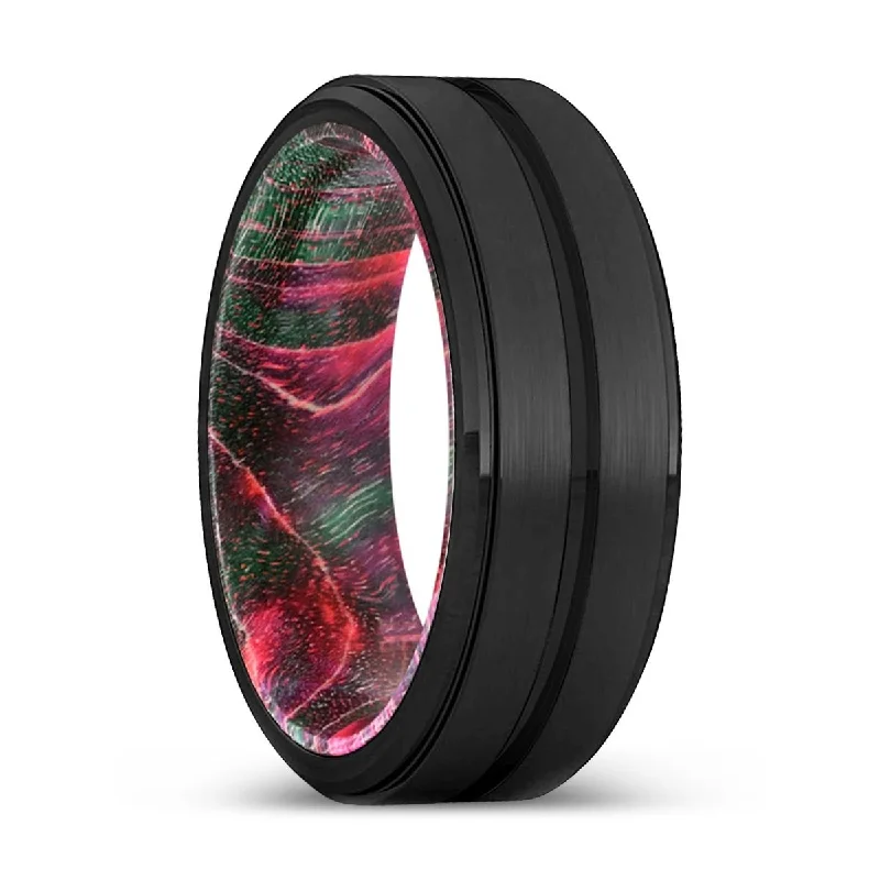 Women’s silver engagement ring-COYOTE | Green & Red Wood, Black Tungsten Ring, Grooved, Stepped Edge