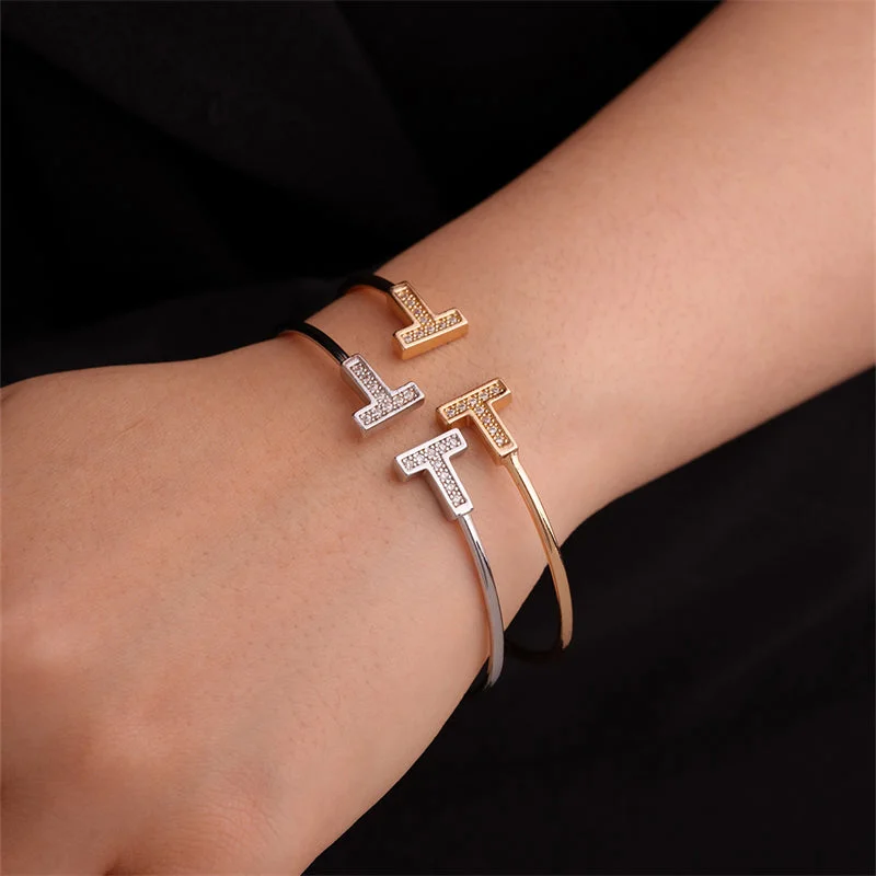 Women’s vintage bracelet-Elegant Simple Style T Shape Stainless Steel Plating Inlay Zircon Bangle