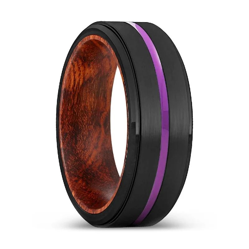 Women’s custom diamond ring-ARMIDALE | Snake Wood, Black Tungsten Ring, Purple Groove, Stepped Edge