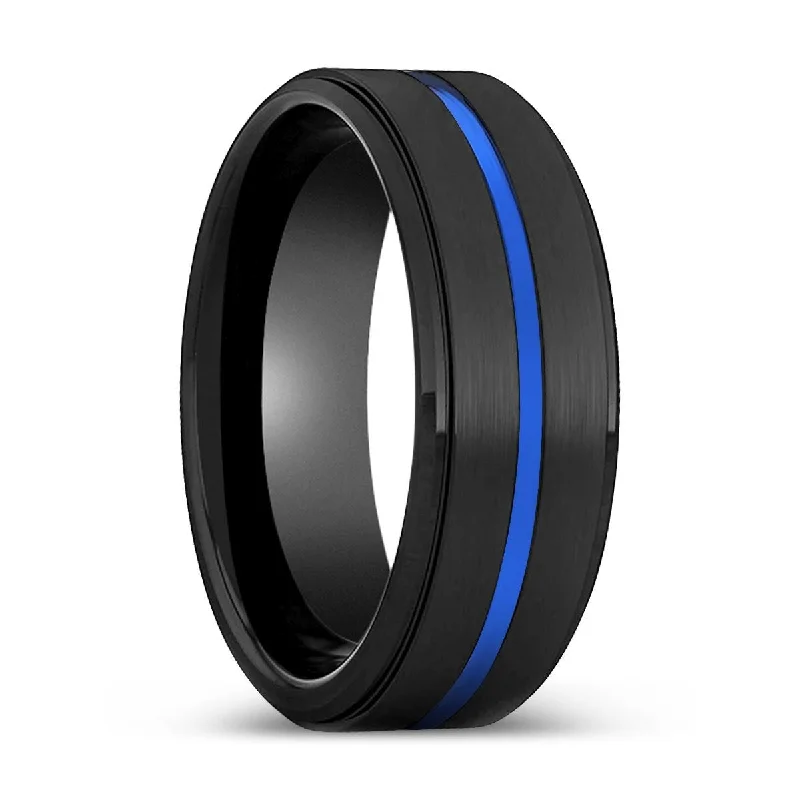 Women’s silver wedding ring-SPECTRAL | Black Ring, Black Tungsten Ring, Blue Groove, Stepped Edge