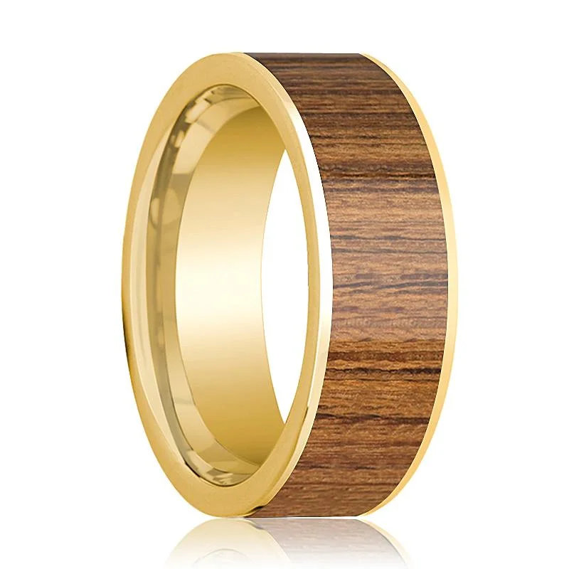 Women’s vintage diamond ring-Men's Polished 14k Yellow Gold Flat Wedding Band with Teak Wood Inlay - 8MM