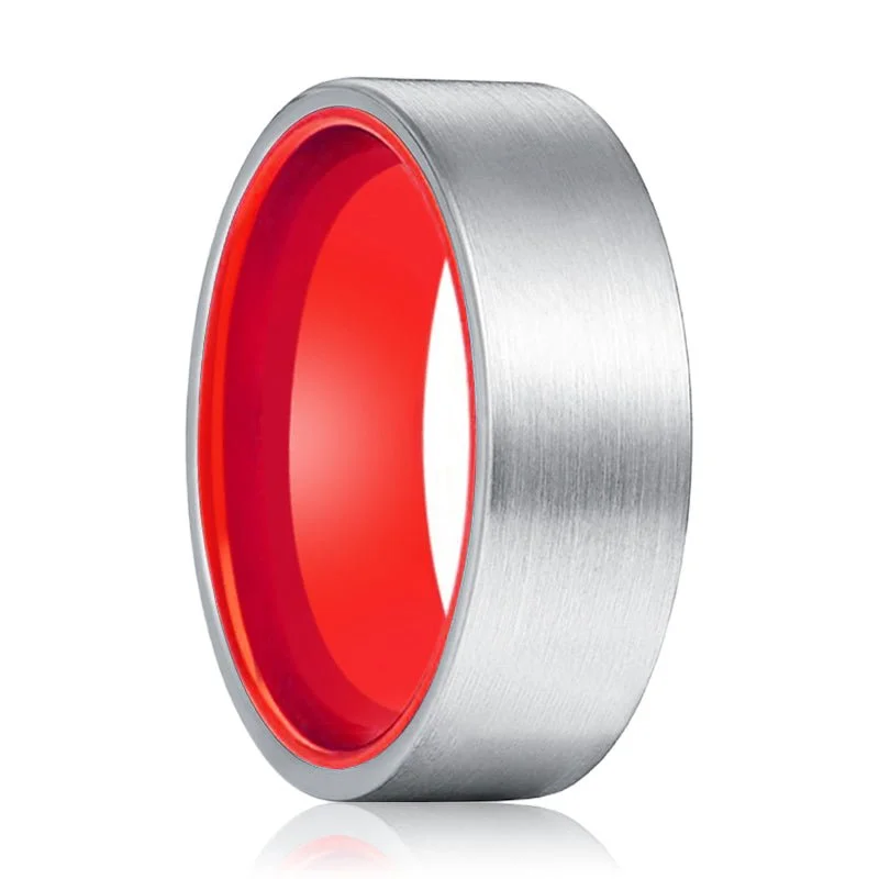 Women’s unique diamond ring-MACAU | Red Ring, Silver Tungsten Ring, Brushed, Flat