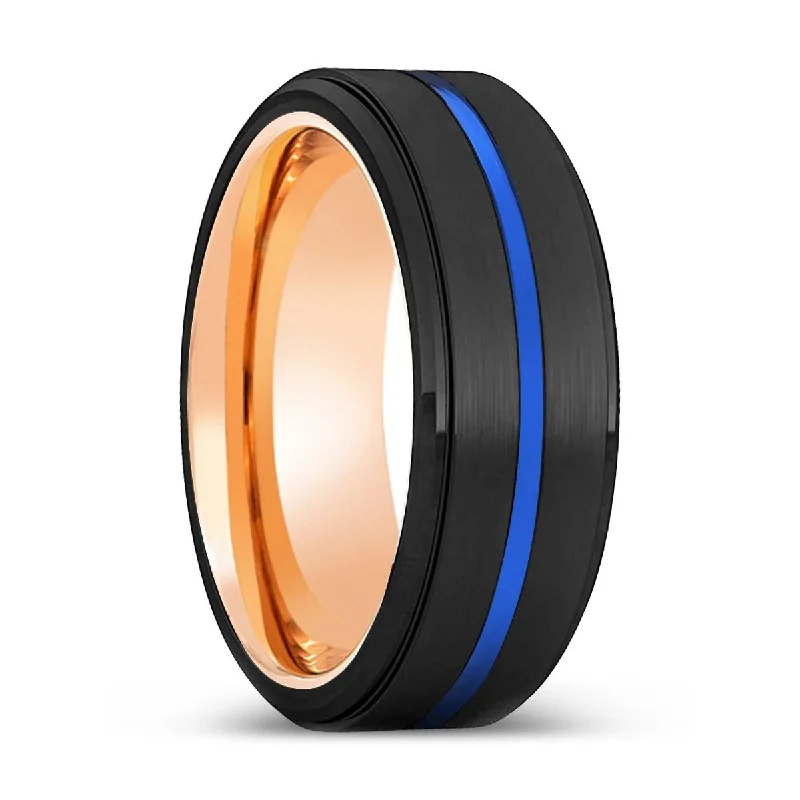 Women’s designer engagement rings-HIGA | Rose Gold Ring, Black Tungsten Ring, Blue Groove, Stepped Edge