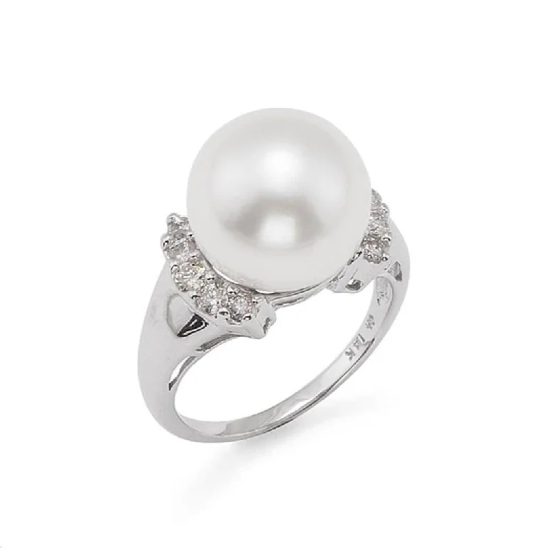 Women’s vintage engagement rings-South Sea White Pearl Ring in White Gold with Diamonds - 12-13mm