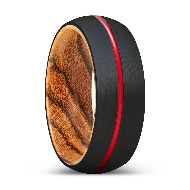 Women’s round diamond wedding band-MUTANT | Bocote Wood, Black Tungsten Ring, Red Groove, Domed