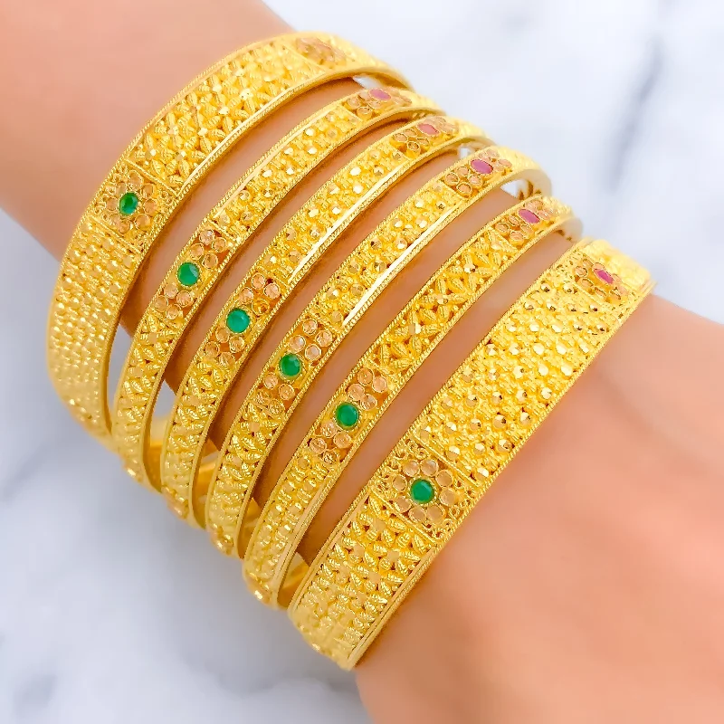 Women’s gemstone bracelet set-Vibrant Festive Floral 22k Gold Bangle Set