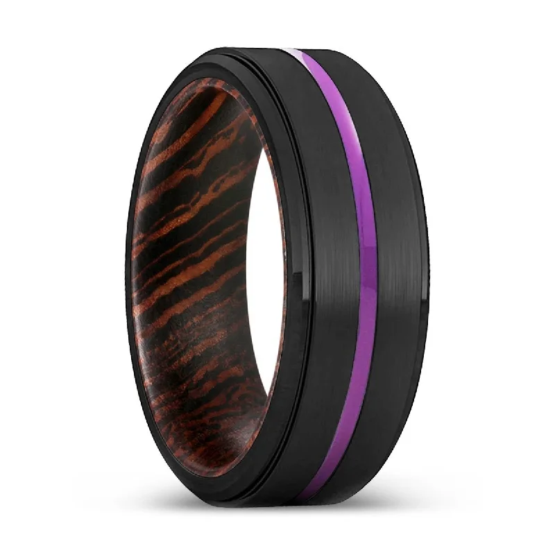 Women’s round diamond wedding band-GRAFTON | Wenge Wood, Black Tungsten Ring, Purple Groove, Stepped Edge