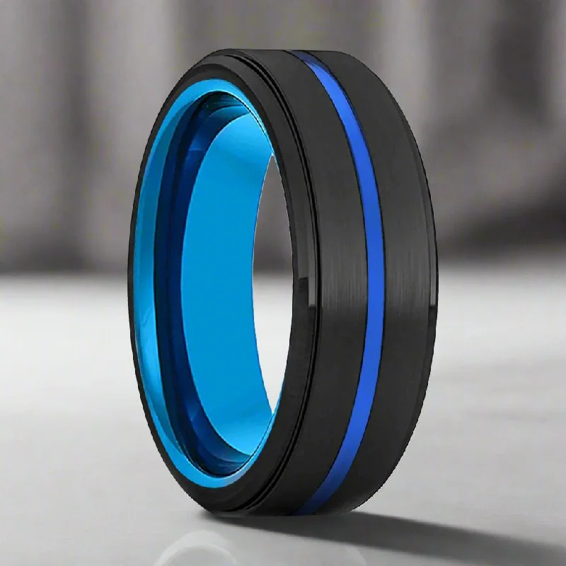 Women’s rose gold engagement ring-ZENVO | Blue Tungsten Ring, Black Tungsten Stepped Edge Blue Groove