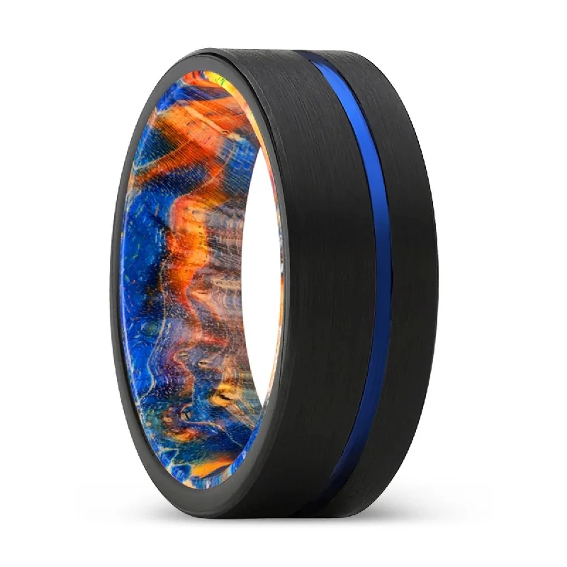 Women’s antique engagement ring-CHAKRA | Blue & Yellow/Orange Wood, Black Tungsten Ring, Blue Offset Groove, Flat