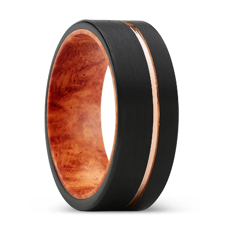 Women’s gemstone wedding ring-SPIRE | Red Burl Wood, Black Tungsten Ring, Rose Gold Offset Groove, Brushed, Flat