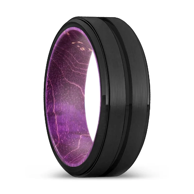 Women’s engagement ring set-WILDE | Purple Wood, Black Tungsten Ring, Grooved, Stepped Edge