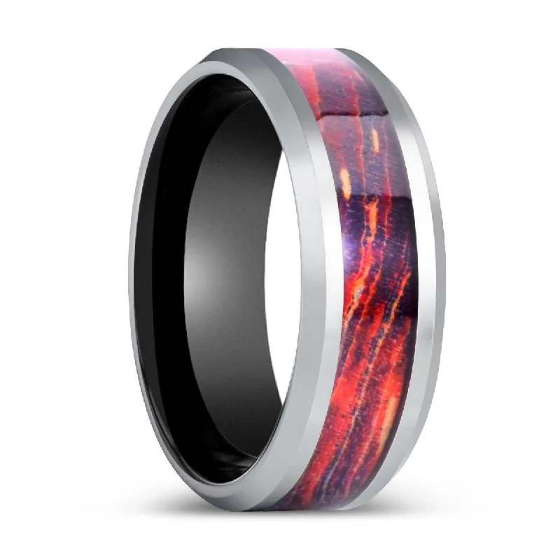 Women’s engagement ring with ruby-SPECTRIA | Black Ring, Silver Tungsten Ring, Galaxy Wood Inlay, Beveled