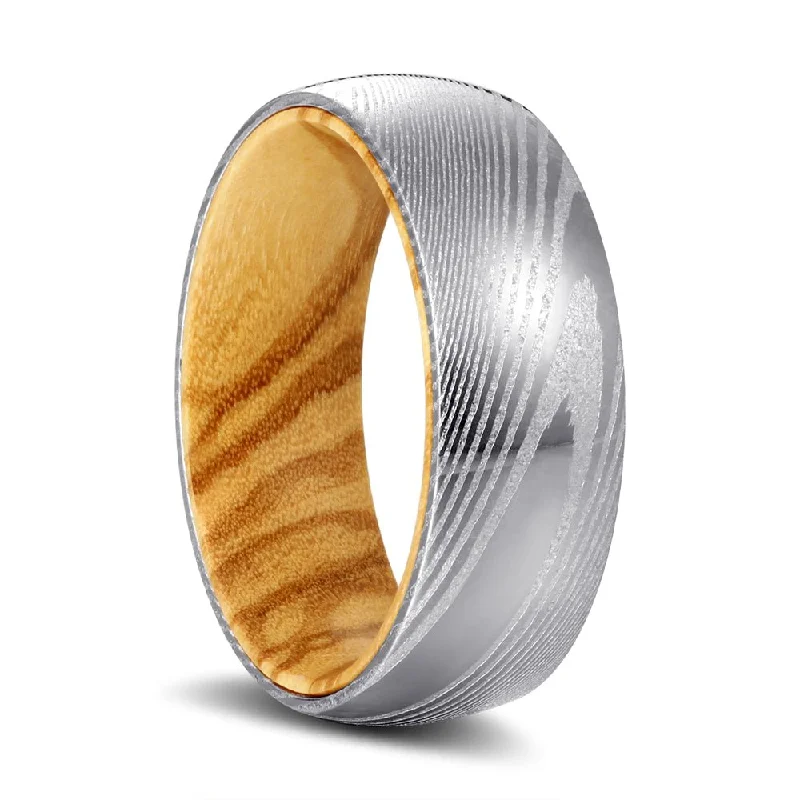 Women’s engagement ring with sapphire-RIDGES | Olive Wood, Silver Damascus Steel, Domed