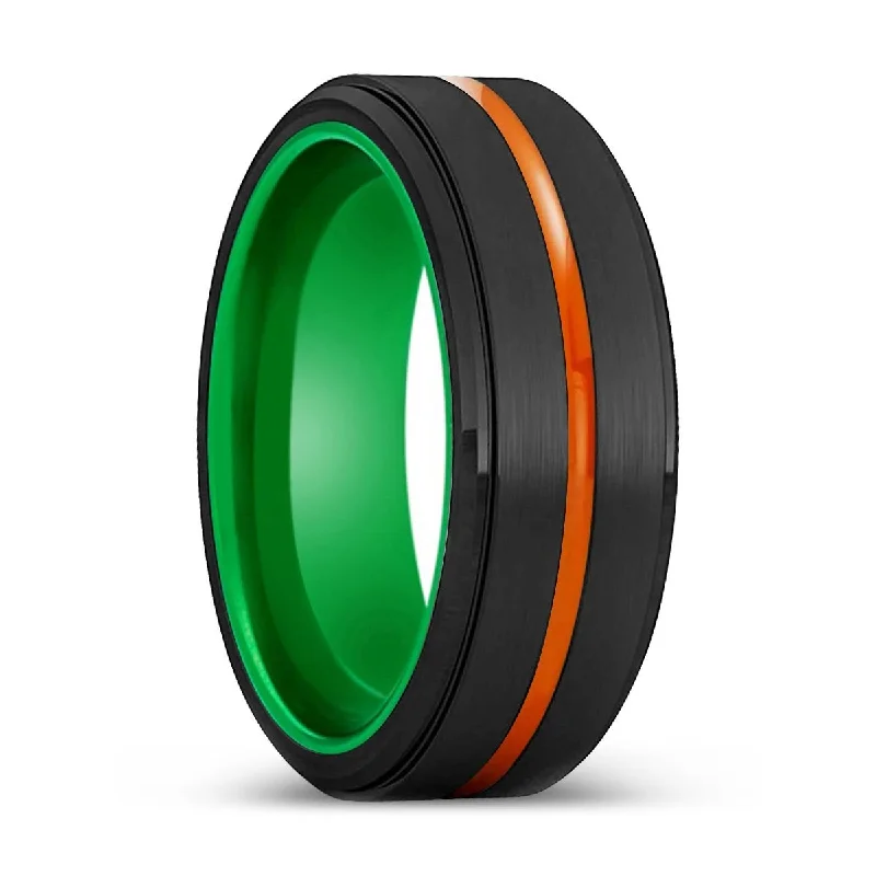 Women’s vintage engagement ring-CLARKSVILLE | Green Ring, Black Tungsten Ring, Orange Groove, Stepped Edge