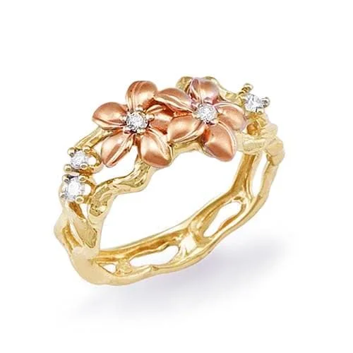 Women’s affordable diamond engagement rings-Plumeria Ring in Two Tone Gold with Diamonds - 10mm