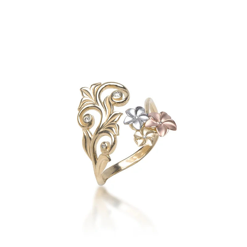 Women’s engraved engagement rings-Living Heirloom Plumeria Ring in Tri Color Gold with Diamonds