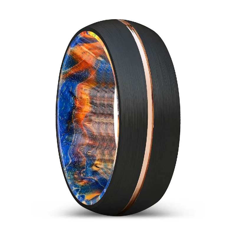 Women’s romantic engagement ring-XALES | Blue & Yellow/Orange Wood, Black Tungsten Ring, Rose Gold Groove, Domed