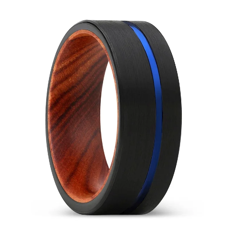 Women’s unique promise ring-BRONCO | IRON Wood, Black Tungsten Ring, Blue Offset Groove, Flat