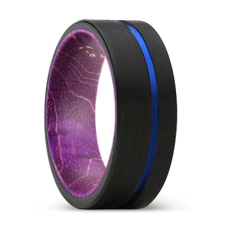 Women’s gemstone engagement ring-PALADIN | Purple Wood, Black Tungsten Ring, Blue Offset Groove, Flat