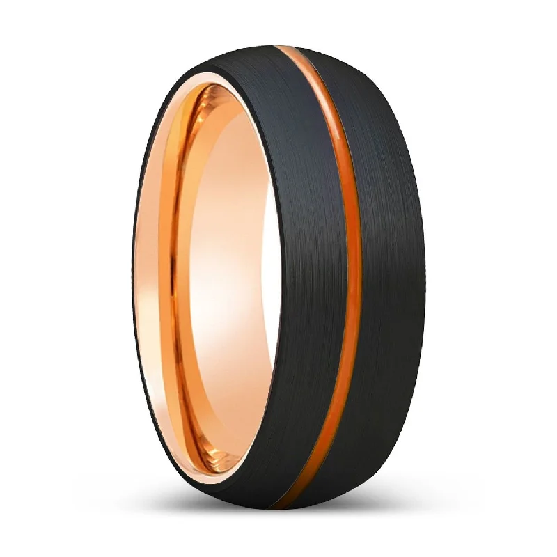 Women’s large gold ring-GRIZZLY | Rose Gold Ring, Black Tungsten Ring, Orange Groove, Domed