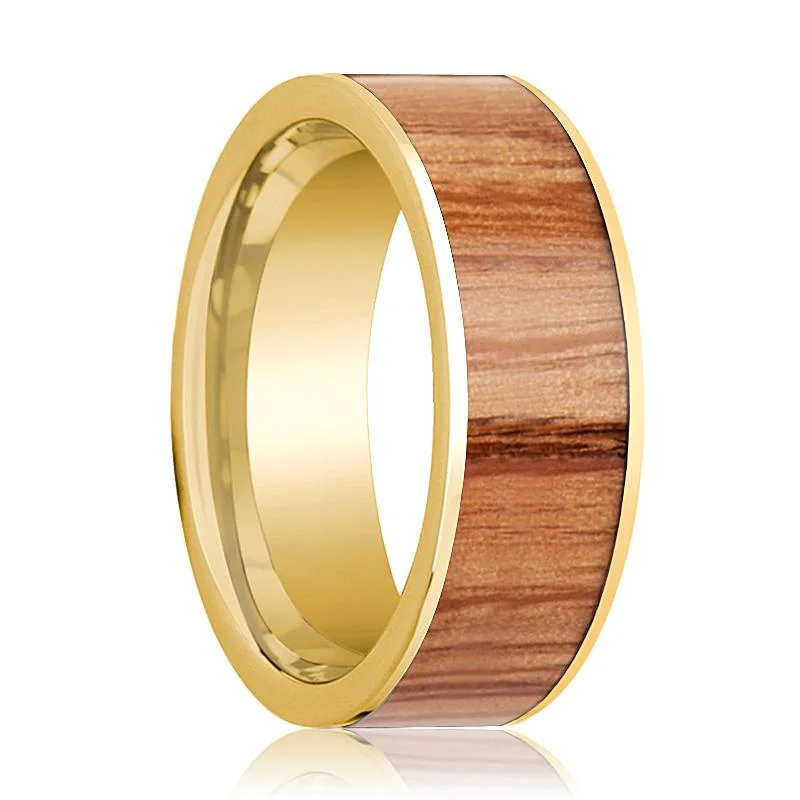 Women’s engagement ring set-Men's 14k Yellow Gold Flat Wedding Band with Red Oak Wood Inlay Polished Finish - 8MM