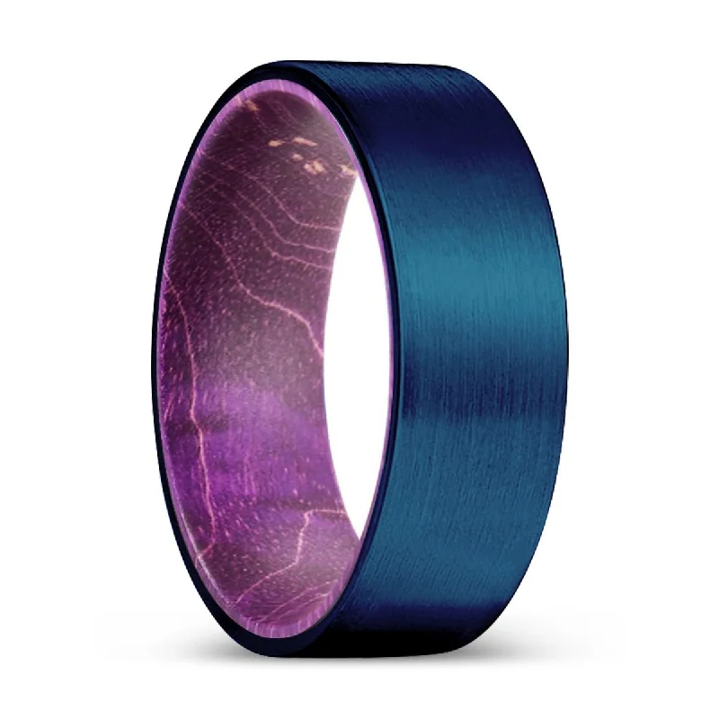 Women’s eternity band ring-PRODIGY | Purple Wood, Blue Tungsten Ring, Brushed, Flat