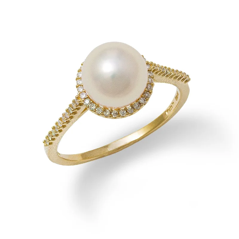 Women’s round brilliant engagement rings-Akoya Pearl Ring in Gold with Diamonds - 8-8.5mm