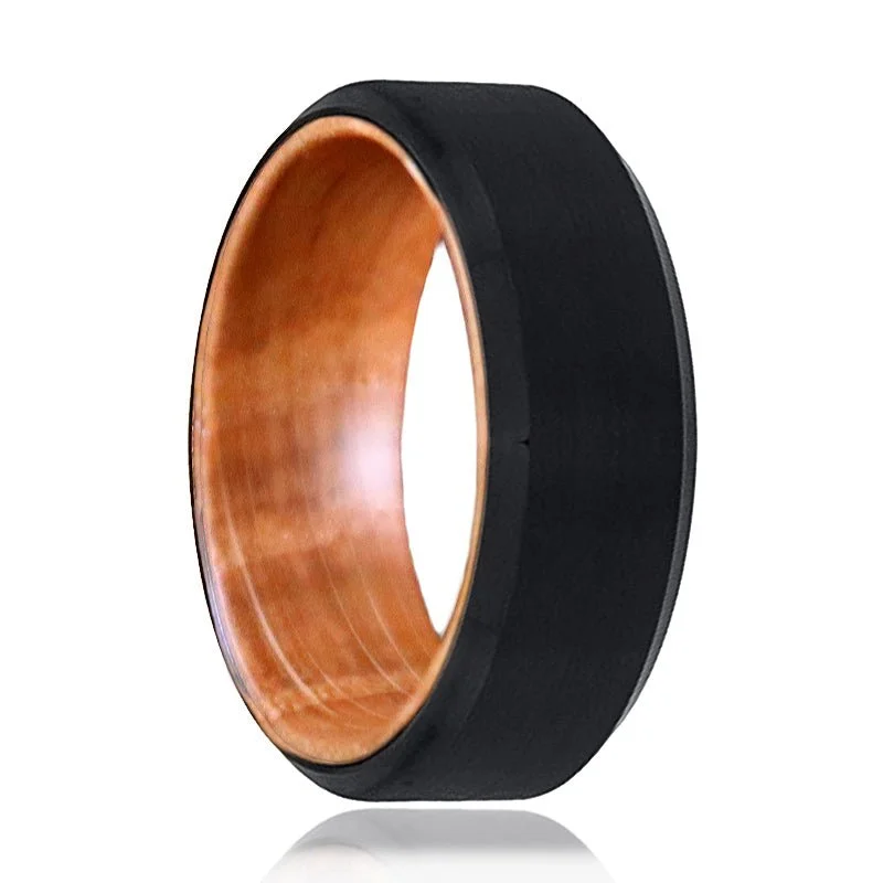 Women’s statement ring-BOWMAN | Whiskey Barrel Wood, Black Tungsten Ring, Brushed, Beveled