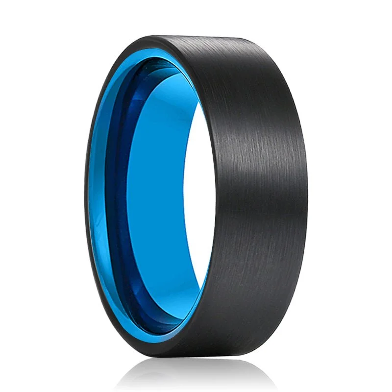 Women’s engagement rings with modern setting-AZURA | Blue Tungsten Ring Black Brushed Flat