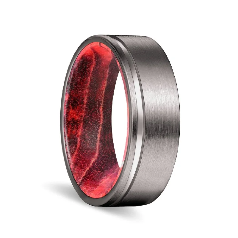 Women’s eco-friendly engagement ring-GLEASON | Black & Red Wood, Gunmetal Tungsten Offset Groove