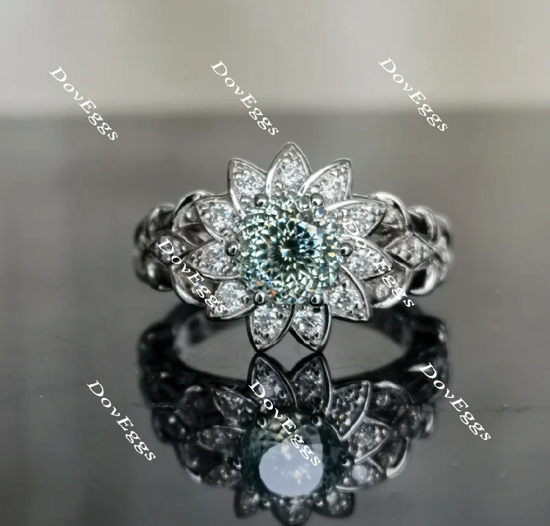 Women’s unique engagement rings-Blooming Angel round portuguese Peacock blue moissanite engagement ring