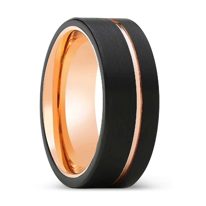 Women’s engagement ring set-LUMINOUS | Rose Gold Ring, Black Tungsten Ring, Rose Gold Offset Groove, Brushed, Flat