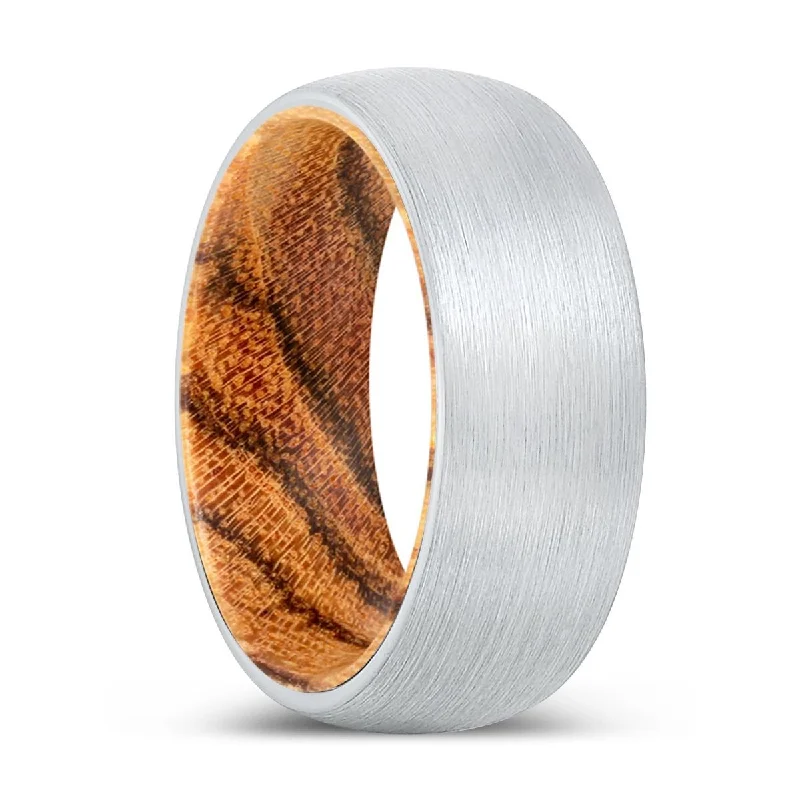 Women’s classic wedding ring-PROSPERITY | Bocote Wood, White Tungsten Ring, Brushed, Domed