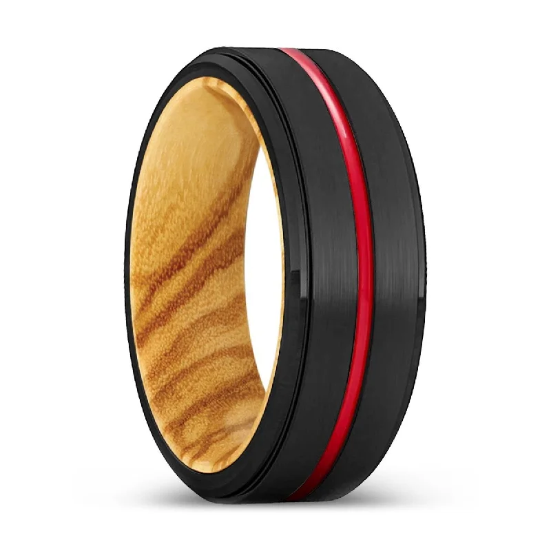 Women’s unique wedding ring-KINGHT | Olive Wood, Black Tungsten Ring, Red Groove, Stepped Edge