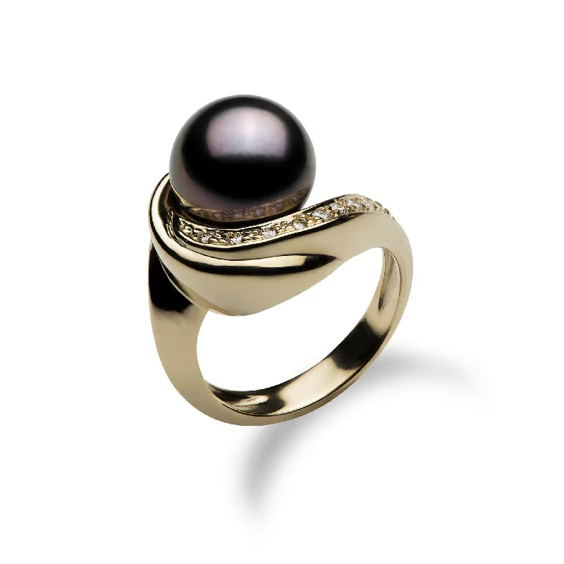 Women’s anniversary engagement rings-Tahitian Pearl Ring in Gold with Diamonds - 10-11mm