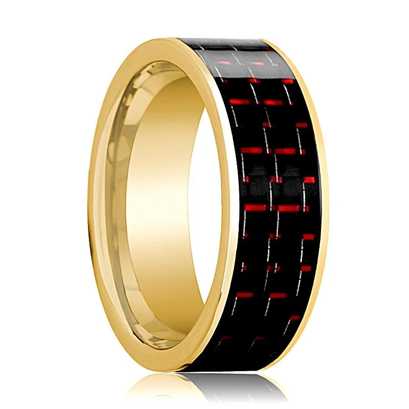 Women’s modern engagement ring-Men's 14k Yellow Gold Flat Wedding Ring with Black & Red Carbon Fiber Inlay Polished Finish - 8MM