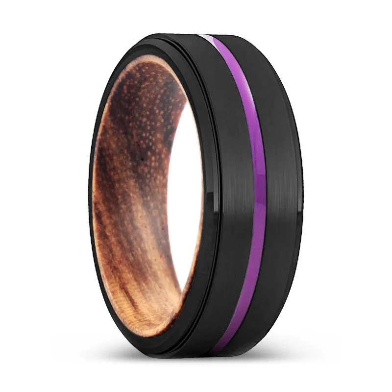 Women’s elegant diamond ring-BROOME | Zebra Wood, Black Tungsten Ring, Purple Groove, Stepped Edge